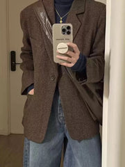 Lunivop Retro Faux Woolen Blazer Coat Women Harajuku Long Sleeve Fall Winter Y2K Jacket Streetwear American Casual Lady Suit Coat