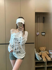 Lunivop T Shirts Women Funny Cartoon Printed Long Sleeve Diagonal Collar Off Shoulder Loose Sweet Tops Female Casual Y2k Tshirt