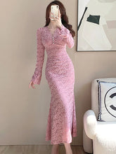 Lunivop Autumn Winter Pink Lace Hook Flower Hollow Prom Vestidos Women Fashion Bodycon Party Dress and Events Korean Casual Dresses