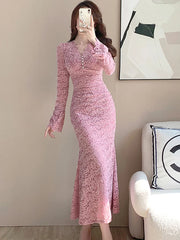 Lunivop Autumn Winter Pink Lace Hook Flower Hollow Prom Vestidos Women Fashion Bodycon Party Dress and Events Korean Casual Dresses