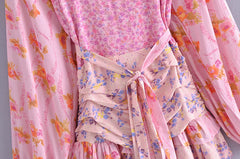 Lunivop Holiday Contrast Color Floral Print Lantern Sleeve Mini Dress Bow Sashes Ruched Pleated Waist Ruffles Hem Women Dresses Robe