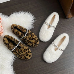 Lunivop Fashion Leopard Fur Ballet Flats Woman Designer Rhinestone Buckle Strap Mary Jane Shoes Ladies Winter Warm Plush Shallow Loafers