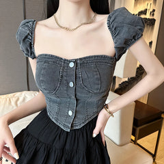 Lunivop Denim Corset Top Summer Button Up Puff Sleeve Smocked Back Slim Fit Crop Tops Teen-girl Women Outfit