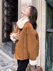 Lunivop Y2K Faux Lamb Suede Jacket Women Warm Winter Streetwear Retro Coat Korean Casual Loose Long Sleeve Single Breasted Outwear