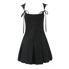Lunivop Women Sleeveless Dress Pleated Mini Dresses Party Robe Gray Black Chest Bow Strap
