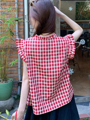 Lunivop Women Sweet Plaid Shirt Casual Preppy Style Flying Sleeve Cute Blouse Korean Summer O Neck Sleeveless Lady Vintage Tops New