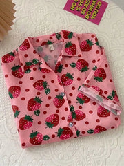 Lunivop Cute Strawberry Loose Shirt Women Casual Preppy Style Kawaii Blouse Summer Short Sleeve Vintage Japan Female New Tops