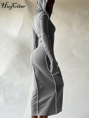 Lunivop Long Sleeve Hooded Patchwork Skinny Maxi Dress Autumn Winter Women Fashion Streetwear Casual Outfits