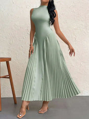 Lunivop Elegant Pleated Slim A-Line Sleeveless High Neck Maxi Dress