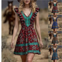 Lunivop Vintage Chic Fashion Women Hippie Floral Print V-neck Bohemian Mini Dress Ladies Short Sleeve Summer Beach Wrap Boho Dresses
