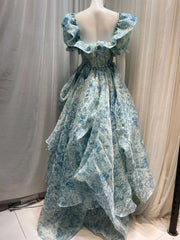 Lunivop New Print Women Floor-Length Dress French Niche Design Floral Tail Square Neck Bubble Sleeve Dresses Female