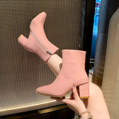 Lunivop 2025 New Side Zipper Short Women's Shoes Vintage Pink Pointed Toe High Heeled Boots Women Sexy Square Toe Ankle Boots for Women