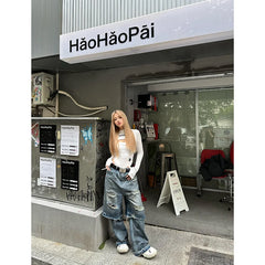 Lunivop Blue High Waist Women Jeans Spliced Design American Fashion Vintage Streetwear Wide Leg Jean Female Trouser Baggy Denim Pants