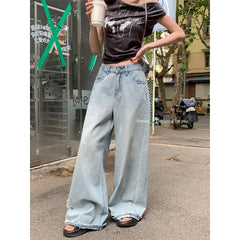 Lunivop Women's Light Blue Buckle Design Thin Jeans Summer Cool Girl Simple Bottoms Vintage Baggy Trousers Female Denim Straight Pants