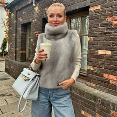 Lunivop Women Furry Faux Fur Vests Fall Winter Turtleneck Sleeveless Warm Casual Streetwear Jackets Tops Fashion Coat Outerwear
