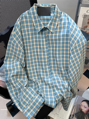 Lunivop Retro Blue Plaid Shirt Women Casual Fall Long Sleeve Harajuku Retro Blouse Japan Preppy Style Female Turn Down Collar Tops