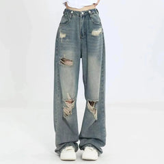 Lunivop American Retro Hole-punched Jeans Women High Waist Straight-crotch Loose Slim Design High-street Vibe Wide-legged Dragging Pants