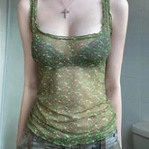 Lunivop Mint Mambo Floral Mesh Suspender Vest for Women Slim and Slim and Transparent Hottie Top