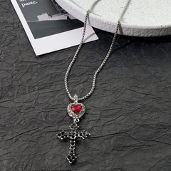 Lunivop Double Layered Leather Red Crystal Heart Pendant Necklace for Women Exquisite Cross Earrings Collarbone Chain Gothic Jewelry Set