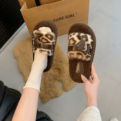 Lunivop Women Leopard Fur Cotton Slippers Platform Flats Casual Home Shoes 2025 New Fashion Buckle Cozy Slippers Winter Zapatos De Mujer
