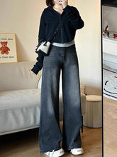 Lunivop Retro High Waist Wide Leg Jeans Women's Spring New plus Size Bla ey Waed Loose Straight Cut Trousers Slimming Effect