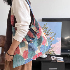 Lunivop Retro Pumpkin Embroidery Tote Bag Women Jacquard Fabric Large Capacity Shoulder Bag Ladies Everyday Casual Crossbody Bag
