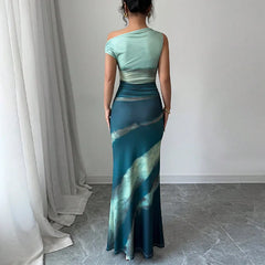 Lunivop Women's Summer New European and American Contrasting Slim Dress with Off-shoulder Long Skirt