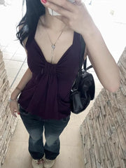 Lunivop Anerican Pure Desire Sexy V Neck Camis Tie Sling Vintage Slim Waist Vest All-match Spice Girls Sleeveless Ruched Tanks