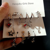 Lunivop 6PCS Kpop Goth Red Zircon Crystal Star Corss Moon Heart Dangle Earrings Set For Women Trend Men Punk Cool Aesthetic Y2K Jewelry