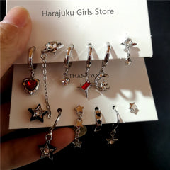 Lunivop 6PCS Kpop Goth Red Zircon Crystal Star Corss Moon Heart Dangle Earrings Set For Women Trend Men Punk Cool Aesthetic Y2K Jewelry