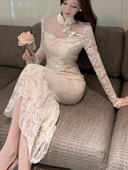 Lunivop Autumn Elegant Cheongsam Dress for Women Sexy Solid Stand Collar Long Sleevs Evening Party Prom Dresses Female One Piece Vestido