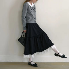 Lunivop Deeptown Japanese Style Long Skirt Women Vintage Harajuku Gothic Black Skirts Elegant Lace Patchwork Autumn Winter A-line Skirt