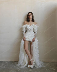 Lunivop Vintage Lace Appliques Wedding Gowns Off Shoulders Long Sleeve Hi Low Tulle 3D Florals Tule Party Dresses vestidos de novia