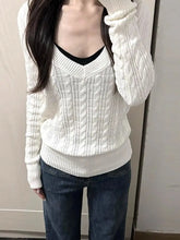 Lunivop Vintage Basic V Neck Women Sweater Twist Long Sleeve Korean Fashion Solid Color Knitted Pullovers Loose Preppy Casual