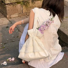 Lunivop Harajuku Lace Tote Bag Purse Women Fairycore Aesthetic Soft Beige Large Capacity Handbag Female Sweet Shoulder Bags Y2k