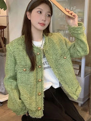 Lunivop Sweet Green Tweed Jackets Women Vintage Long Sleeve Casual Coat Korean O Neck Fall Winter Retro All Match Elegant Outwear Tops