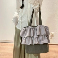 Lunivop Retro Ruffle Gray Tote Bag Women Canvas Patchwork Large Capacity Bucket Bag Ladies Everyday Casual Harajuku Style Shoulder Bags