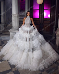 Lunivop Gorgeous High Neck Sleeveless A Line Wedding Gowns Glitter Beaded Sequin Long Bride Dresses Tiered Ruffled Vestido De Novia