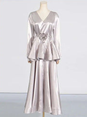 Lunivop Solid Two Piece Set Women's V-neck Long Sleeve Splicing Work Lace Top High Waist Midi Leather Wrinkle Skirt Female