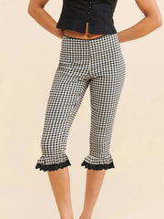 Lunivop Lace Trim fashion Leggings For Women Y2K Plaid Low Waist Knee Length Crop Pants Summer Cute Going Out Tights Pants Fashion