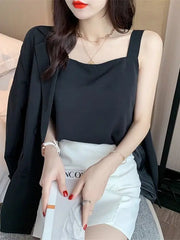 Lunivop Faionable Women's Loose Fit Svel Suiting Chiffon Vest Four Seasons Wearable Meat Concealing Strap Top