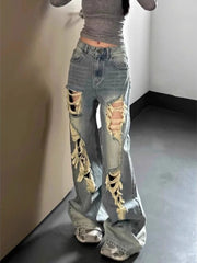 Lunivop Vintage Waed Ripped Denim Jeans Women Y2k Loose Straight Leg Slim Wide Leg Floor Length Pants Distressed Denim Jeans Streetwear