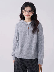 Lunivop Korean Vintage Gray Sweaters Women Long Sleeve Casual Simple Knitted Hooded Jumper Retro Loose All Match Female Fall Winter Tops