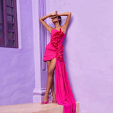 Lunivop Rose Red Satin Mini Prom Party Dress Handmade Flowers Ruffles Short Cocktail Gowns Pretty Side Train Homecoming Dresses