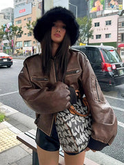 Lunivop Retro O-neck Zipper PU Leather Jackets Women Casual Loose Long Sleeved Jacket With Pocket Lady Autumn Chic High Street Outwears