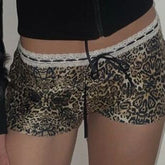 Lunivop Hot Sexy Leopard Print Shorts Streetwear y2k Lace Patchwork Bow Low Rise Skinny Short Pants Women Vintage 2000s Clothing