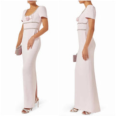 Lunivop Pale Pink Evening Dress Square Neck Crystal Flower Jersey Evening Gowns Short Sleeves Straight Slit Prom Dress