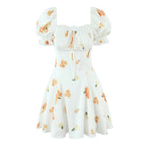 Lunivop Retro White Flower Bow Ruched Chest Lace Slash Collar Satin Mini Dress Women Short Puff Sleeve Low Waist Swing Dresses Robe