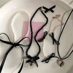 Lunivop Kpop Vintage Goth Heart Love Bowknot Pearl Beaded Necklace For Women Y2k Aesthetic Harajuku 2000s EMO Jewelry Accessories