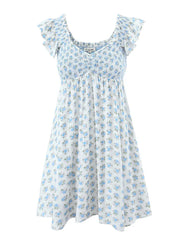 Lunivop Sexy White Blue Flower Print Ruffle Strap Mini Dress V neck Ruched Elastic Chest Corset Sleeveless Short Tank Robe Holiday Woman